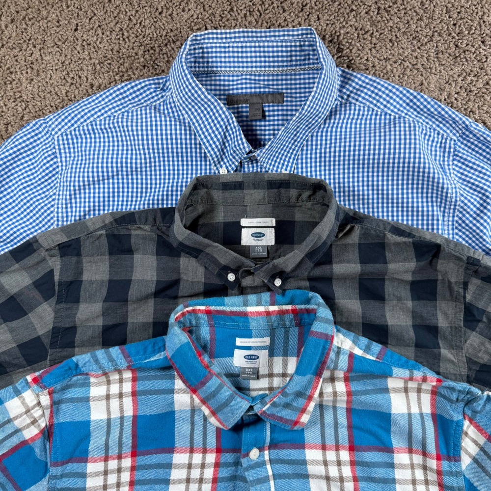 Old Navy Bundle Mens XXL Button Down Shirts Plaid flannel preppy workwear blue